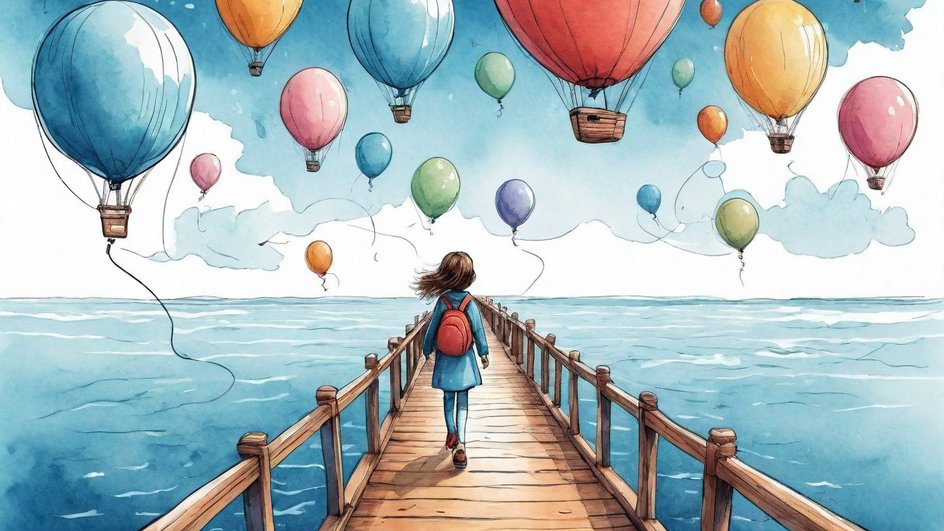Нарисованная девочка идет по деревянному помосту над водоемом, над ней - воздушные шары.