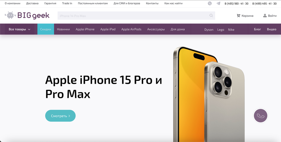 Скриншот страницы сайта интернет-магазина BIGgeek