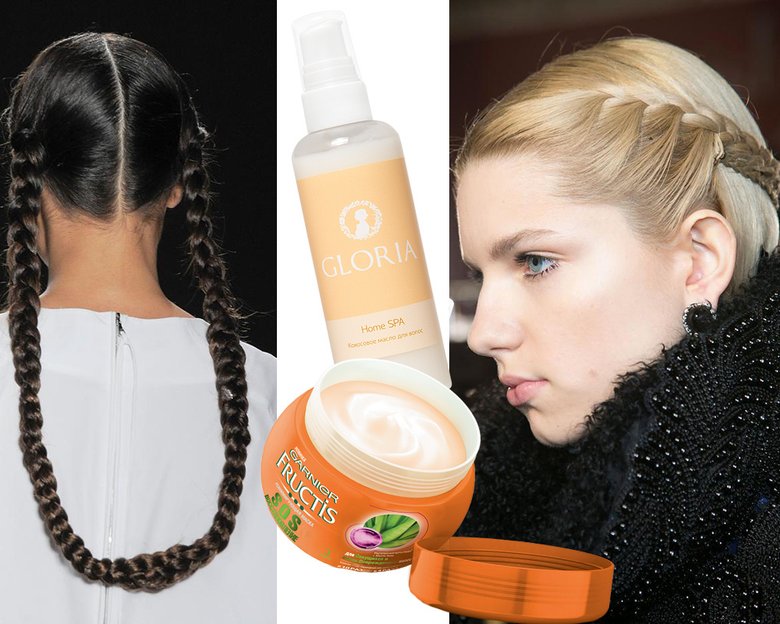 Показы: A Detacher и Andrew Gn. Маска для волос Fructis SOS «Восстановление», Garnier; масло для волос Gloria Home Spa.