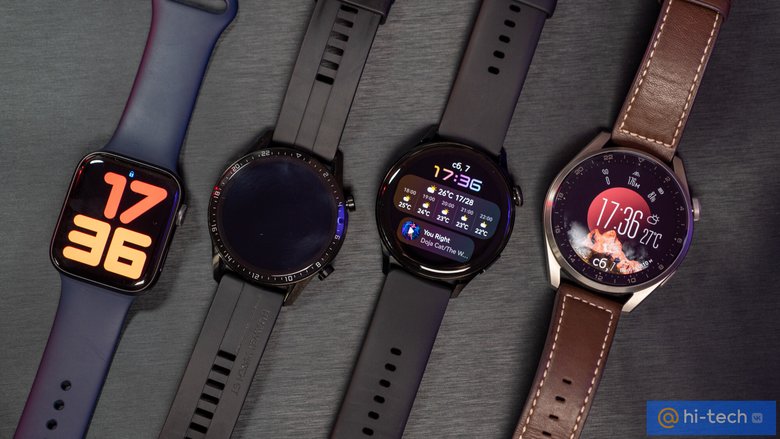 Слева направо: Apple Watch 5, Huawei Watch GT2, Watch 3, Watch 3 Pro