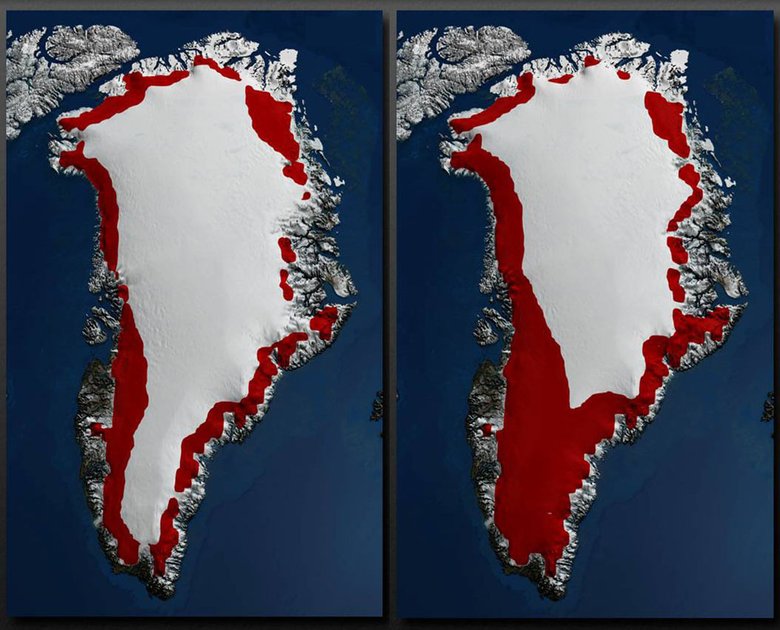 Таяние ледников Гренландии за последнее время. Фото: guardianlv