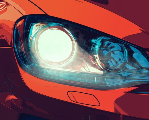 Красный автомобиль с запотевшей фарой