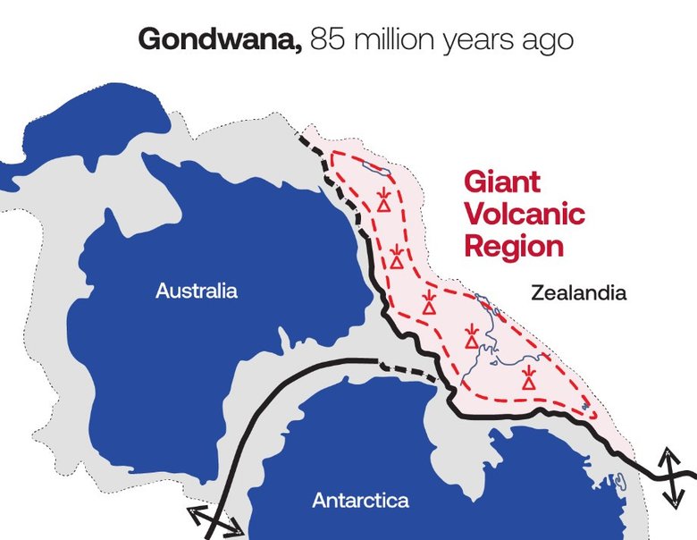 Активность внутри гигантского вулканического регион привела к образованию Зеландии. Фото: GNS Science