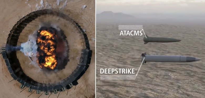 Слева — кадры испытаний на полигоне. Справа — сравнение размеров ракет M39 для комплексов ATACMS и новых DeepStrike. Фото: Defence Blog