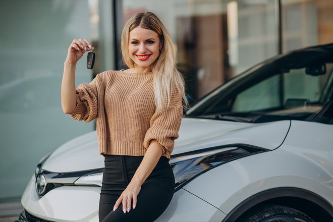 Девушка с ключами от новой Toyota стоит рядом с белым кроссовером Toyota Девушка с ключами от новой Toyota стоит рядом с белым кроссовером Toyota