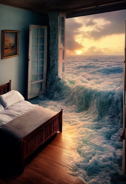 Bedroom melting into the ocean, 4k