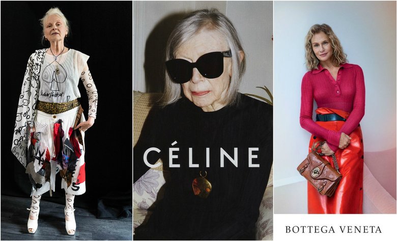 Вивьен Вествуд; писательница Джоан Дидион в рекламной кампании Celine; Лорен Хаттон в рекламной кампании Bottega Veneta.