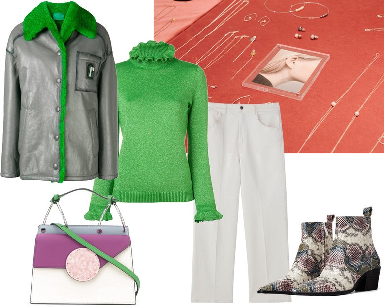 Куртка Prada; сумка Danse Lente; водолазка Shrimps; джинсы Massimo Dutti, казаки Zara