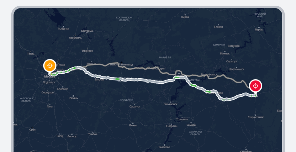 Пример маршрута в навигаторе из Москвы в Уфу