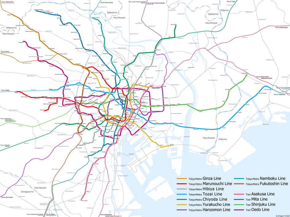 Схема Токийского метро /Wikimedia, Hisagi, CC BY-SA 3.0