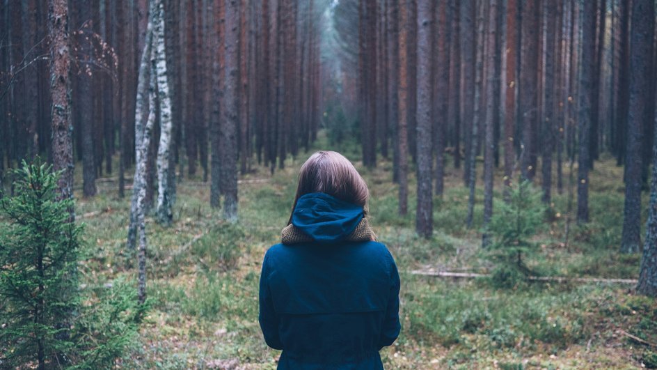 Девушка в синей одежде в лесу