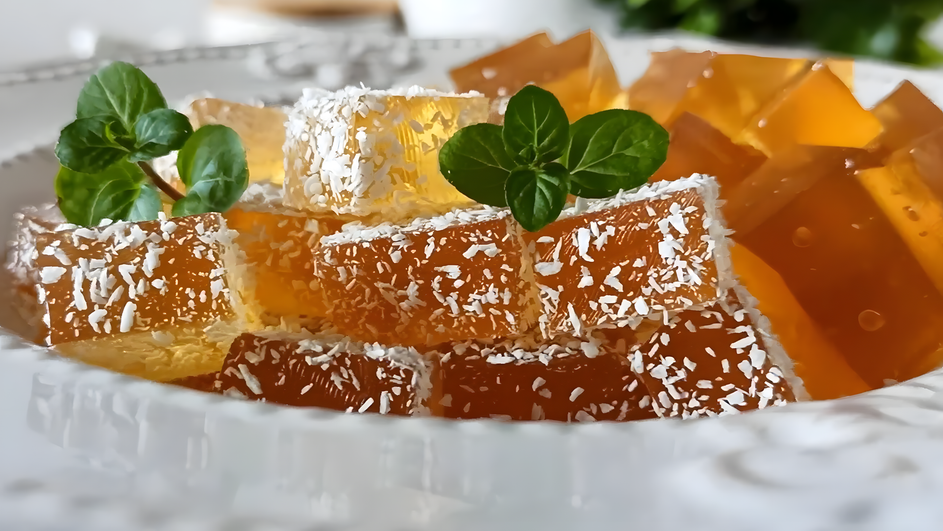 Мармелад из яблочного сока, украшенный кокосовой стружкой, крупным планом Мармелад из яблочного сока, украшенный кокосовой стружкой, крупным планом