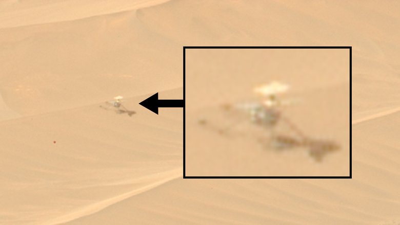 Вертолет Ingenuity на приближенном изображении. Кадр сделан камерой Mastcam-Z марсохода Perseverance 4 февраля. Источник: NASA/JPL-Caltech