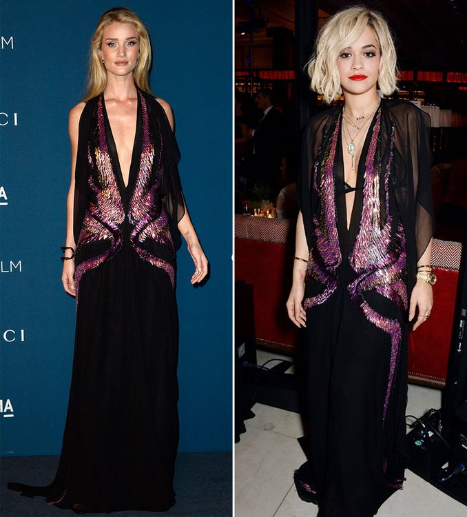 Эффектное вечернее платье от Gucci «выгуляли» сразу две звездных модницы: модель Рози Хантингтон-Уайтли (слева) и певица Рита Ора