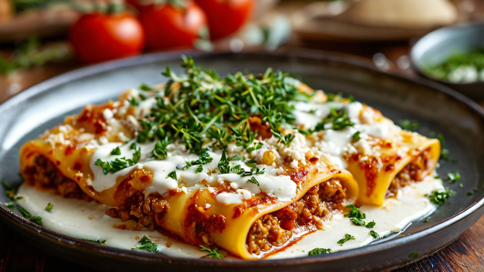 Каннеллони с куриным фаршем и соусом бешамель лежат на тарелке Каннеллони с куриным фаршем и соусом бешамель лежат на тарелке