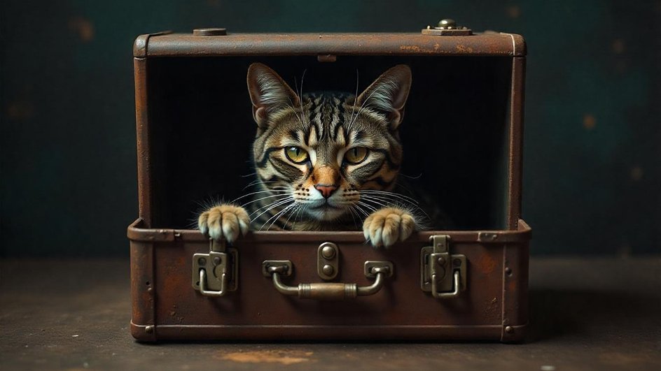Кот выглядывает из чемодана Кот выглядывает из чемодана