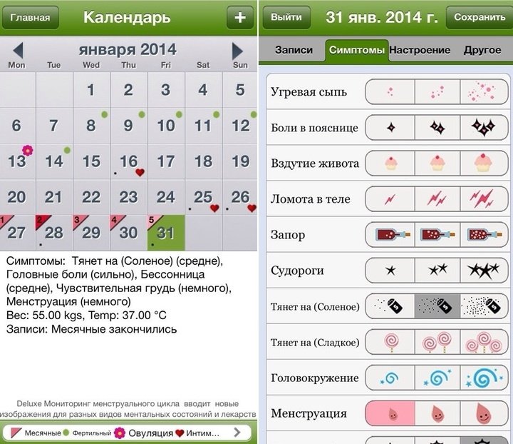 Календарь P Tracker Lite (слева). Добавляемые в календарь P Tracker Lite симптомы (справа)