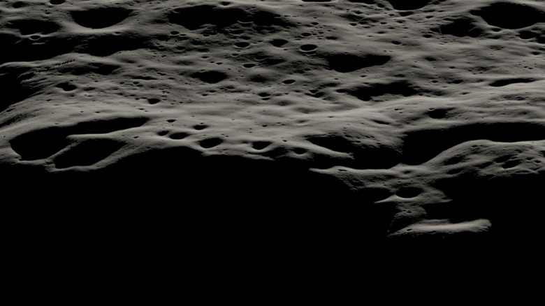 Визуализация, показывающая гористую местность к западу от кратера Нобиле на Южном полюсе Луны. Фото: NASA