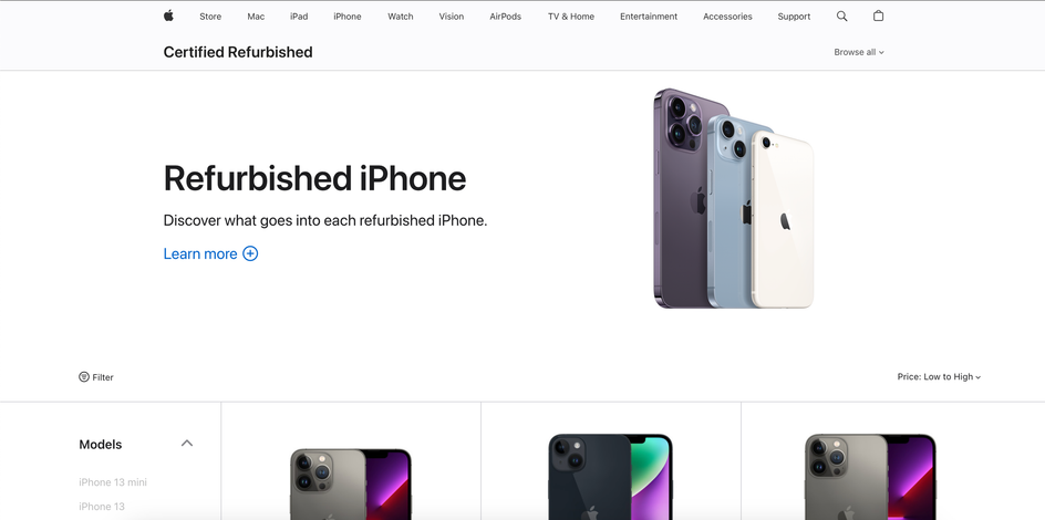 Скриншот страницы сайта магазина Apple с восстановленными iPhone