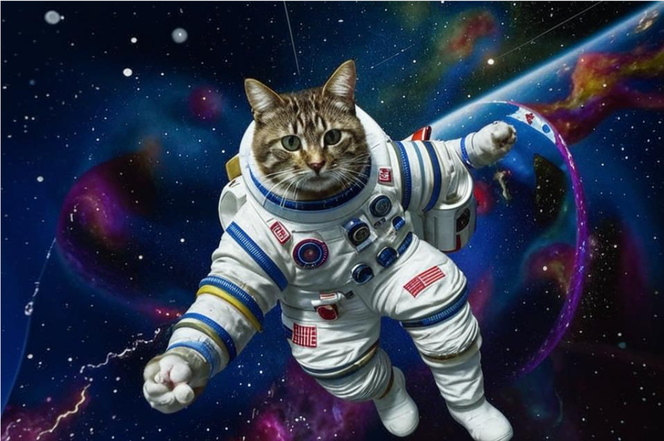 Летающий в космосе кот-космонавт в стиле Малевича