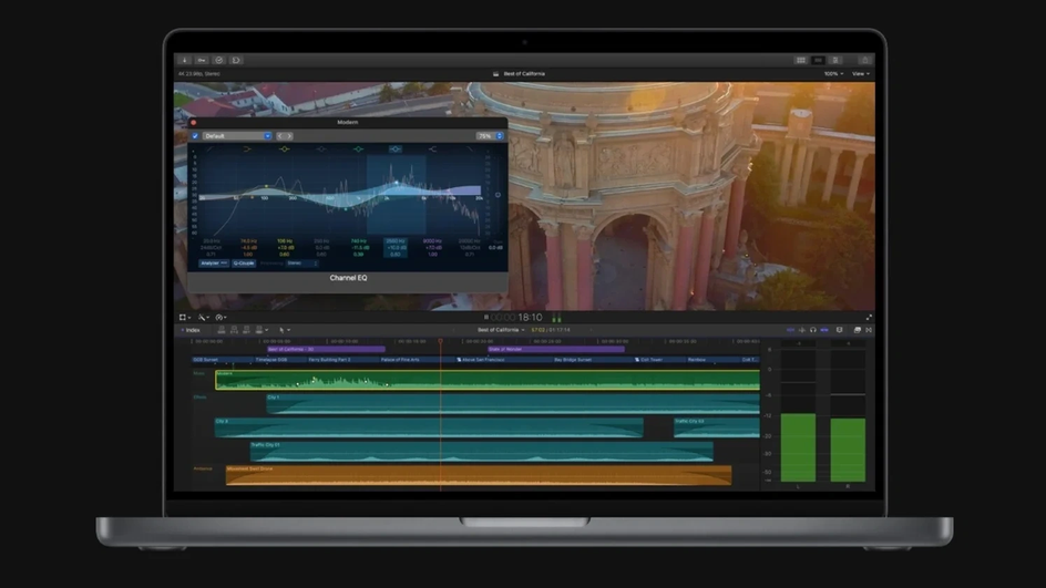 Интерфейс программы для видеомонтажа Final Cut Pro на экране макбука