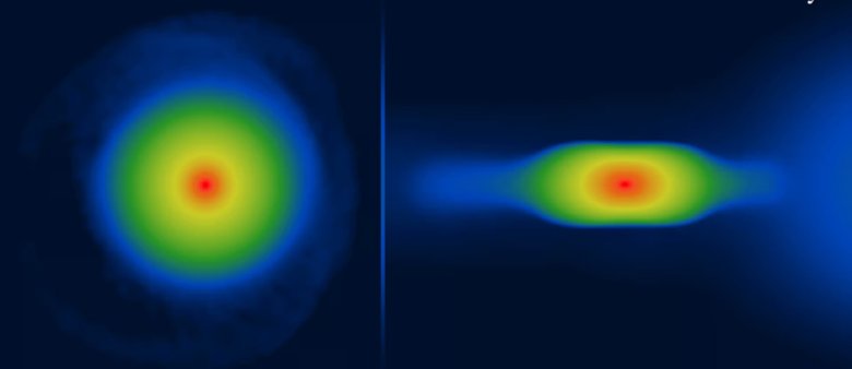 Смоделированные изображения «плоской» протопланеты, показанные сверху (слева) и сбоку (справа).