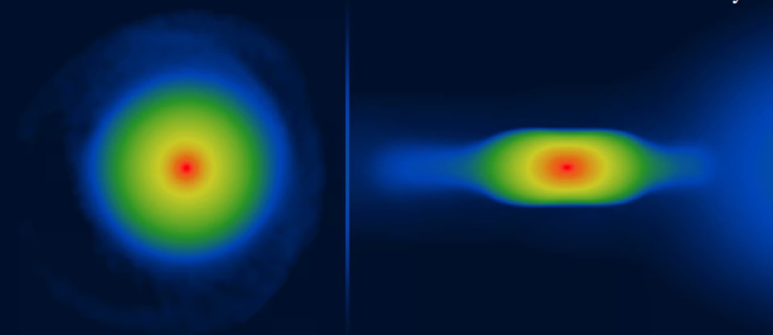 Simulované snímky „ploché“ protoplanety, zobrazené shora (vlevo) a boční pohled (vpravo).