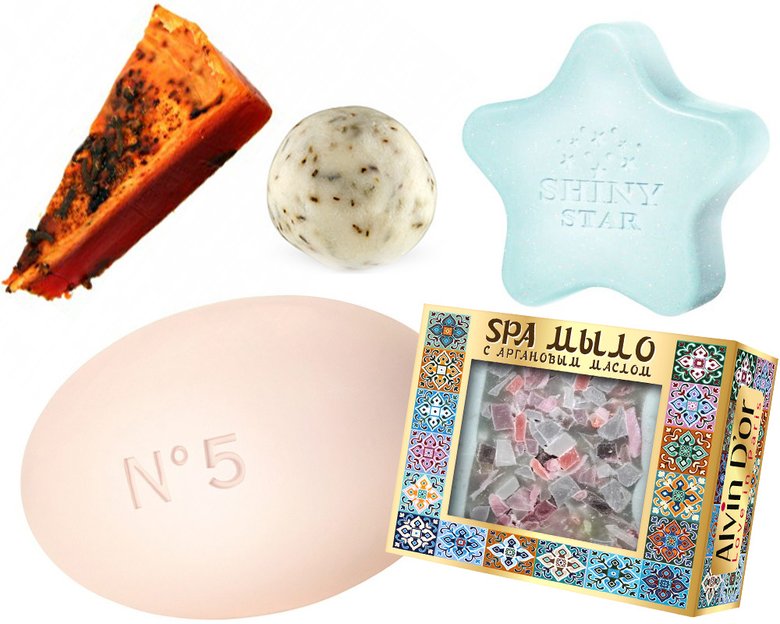 Мыло: «Тыквенный пирог», Shik Halal; #5, Chanel; «Кедровое», Natura Siberica; Shiny Star, Oriflame; Spa-мыло с аргановым маслом, Alvin d'Or.