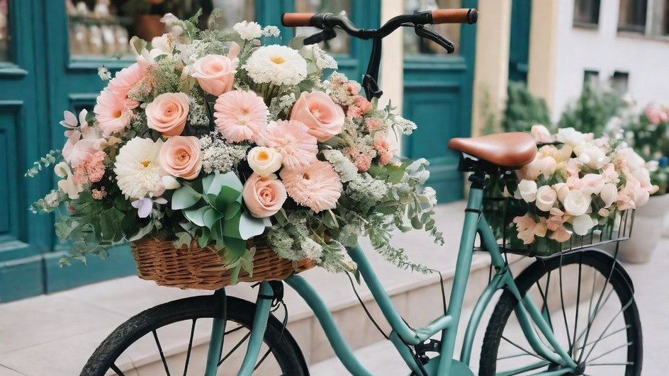 У порога стоит велосипед с цветами