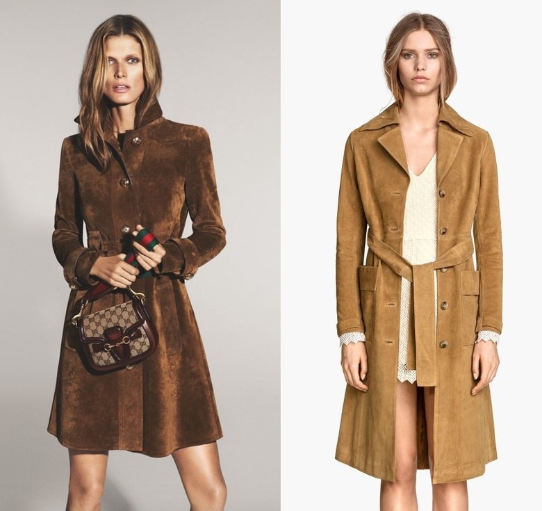 А вот ключевой моделью сезона признали замшевое пальто в стиле 70-х: такую модель представили как люксовые бренды, так и масс-маркет (слева — Gucci, справа — H&M)