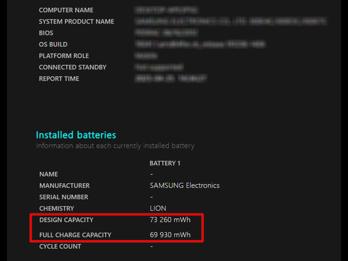 Окно Battery report с характеристиками