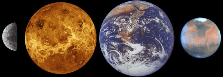 Меркурий, Венера, Земля, Марс — планеты земной группы. Их роднит между собой высокая плотность, строение (кора, мантия, ядро) и состав.