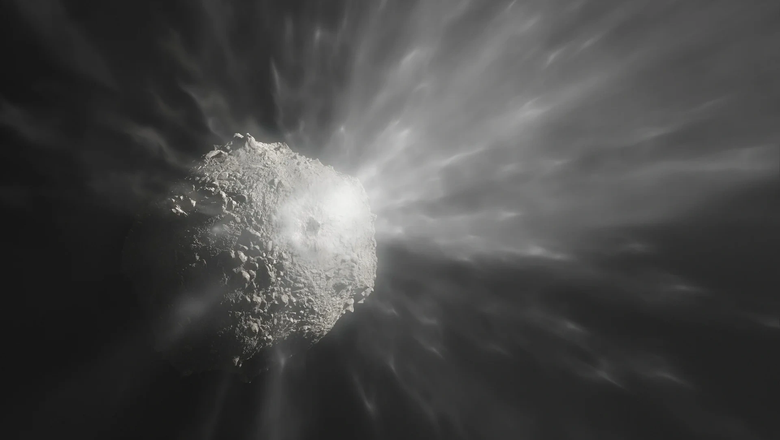 Художественное представление выброса облака обломков после того, как космический корабль DART столкнулся с астероидом Диморф.