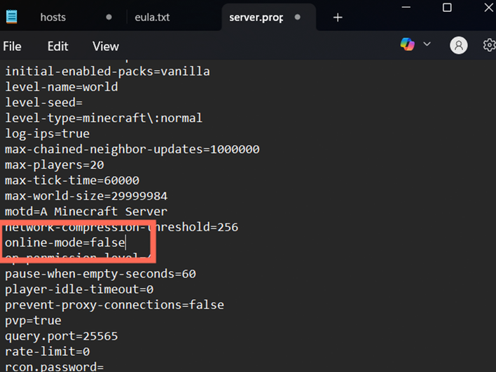 Окно файла server.properties Окно файла server.properties