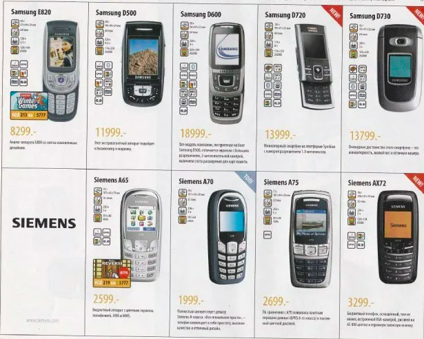 Каталог цен на Самсунги 2005 года в сравнении с телефонами Siemens