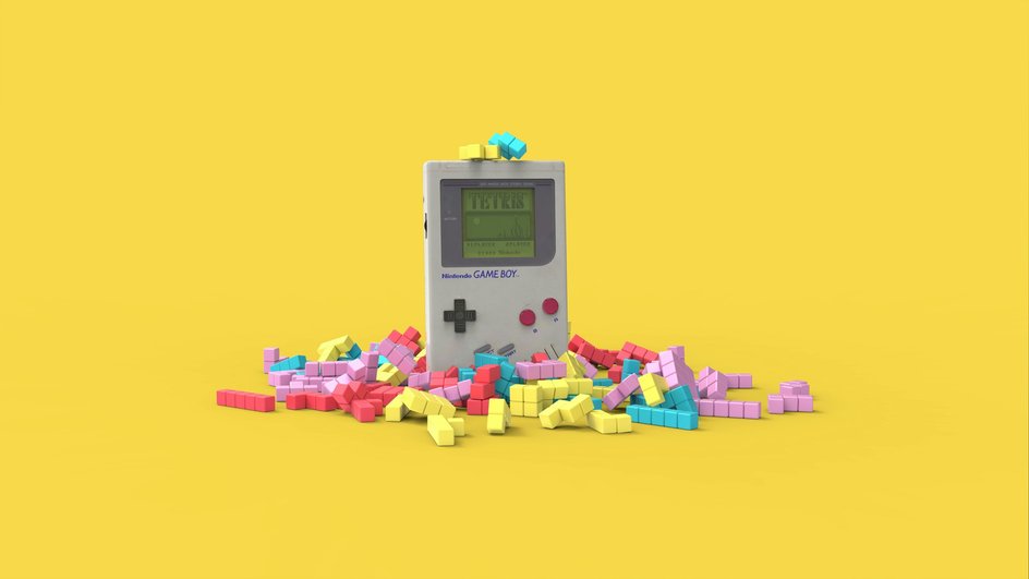 Тетрис на Game Boy возле фигурок из игры