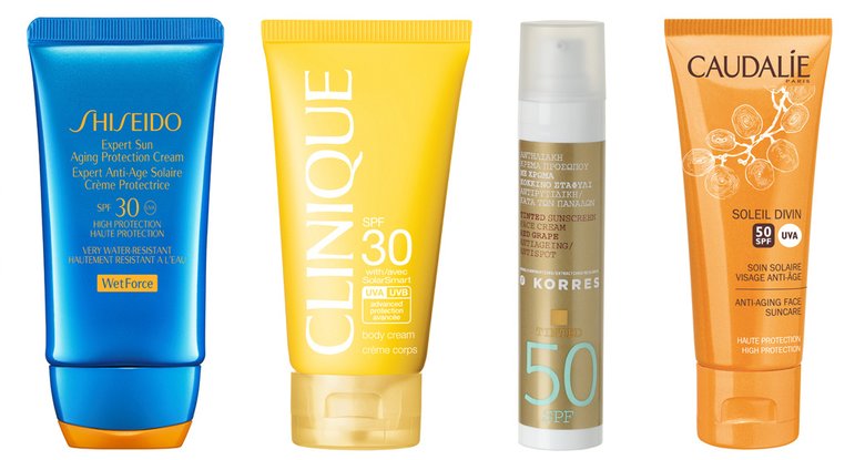 Водостойкий крем Shiseido Expert Sun SPF 30, крем для тела Clinique Sun SPF 30, тонирующий защитный крем для лица Korres SPF 50, крем для лица Caudalie Soleil Divin SPF 50 Водостойкий крем Shiseido Expert Sun SPF 30, крем для тела Clinique Sun SPF 30, тонирующий защитный крем для лица Korres SPF 50, крем для лица Caudalie Soleil Divin SPF 50