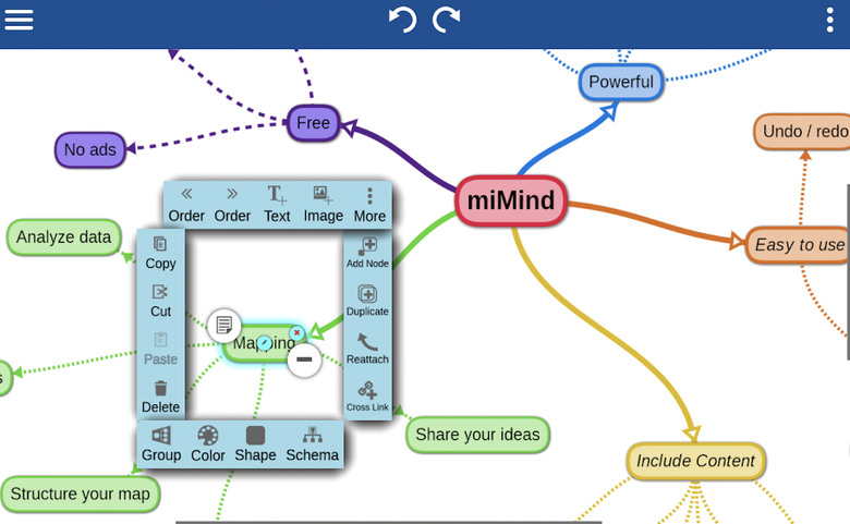 Скриншот «miMind — Easy Mind Mapping». Приложение предлагает множество настроек и обещает, что с его помощью вы можете сделать и генеалогическое дерево, и карту метро, и план проекта.