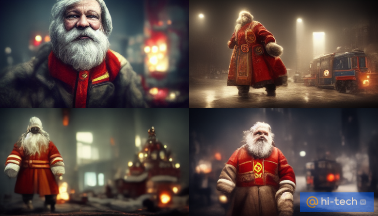 Почему-то запрос Father Frost нейросеть не поняла, но как мог бы выглядеть советский Санта, вероятно, представляет. Первые два изображения получились неплохо