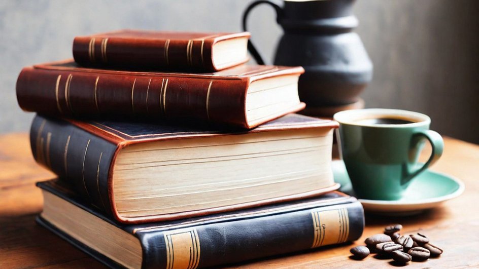 На столе лежит стопка книг, за ними - чашка с кофе, зерна кофе и кувшин