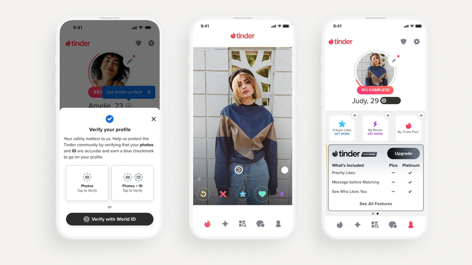 Интерфейс Tinder с опцией верификации через World ID Интерфейс Tinder с опцией верификации через World ID