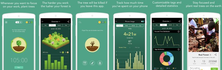 Экраны приложения «Forest: Stay Focused». Приложение предлагает выращивать виртуальное дерево каждый раз, когда вы концентрируетесь. Если отвлекаетесь — дерево умирает. Регулярно работая с приложением, вы можете вырастить целый лес.
