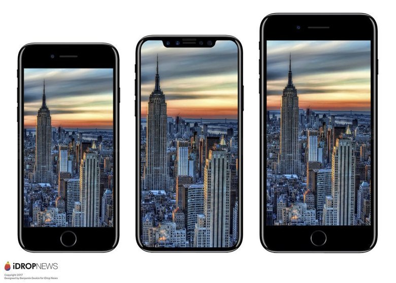 Предположительный размер iPhone 8 в сравнении с прошлогодними iPhone 7 и iPhone 7 Plus.