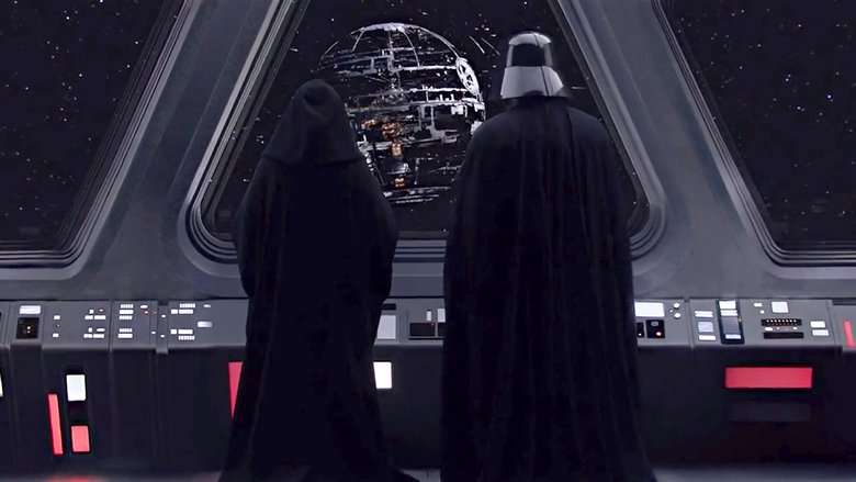 Император Палпатин и Дарт Вейдер наблюдают за строительством «Звезды Смерти» в системе Джеонозис. Кадр из фильма «Звёздные Войны: Месть Ситхов»