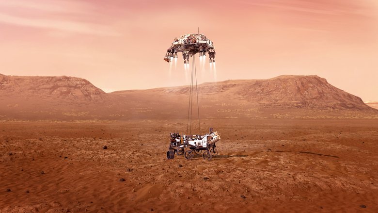 Иллюстрация показывает, как должна выглядеть посадка Perseverance на Марс. Источник: NASA
