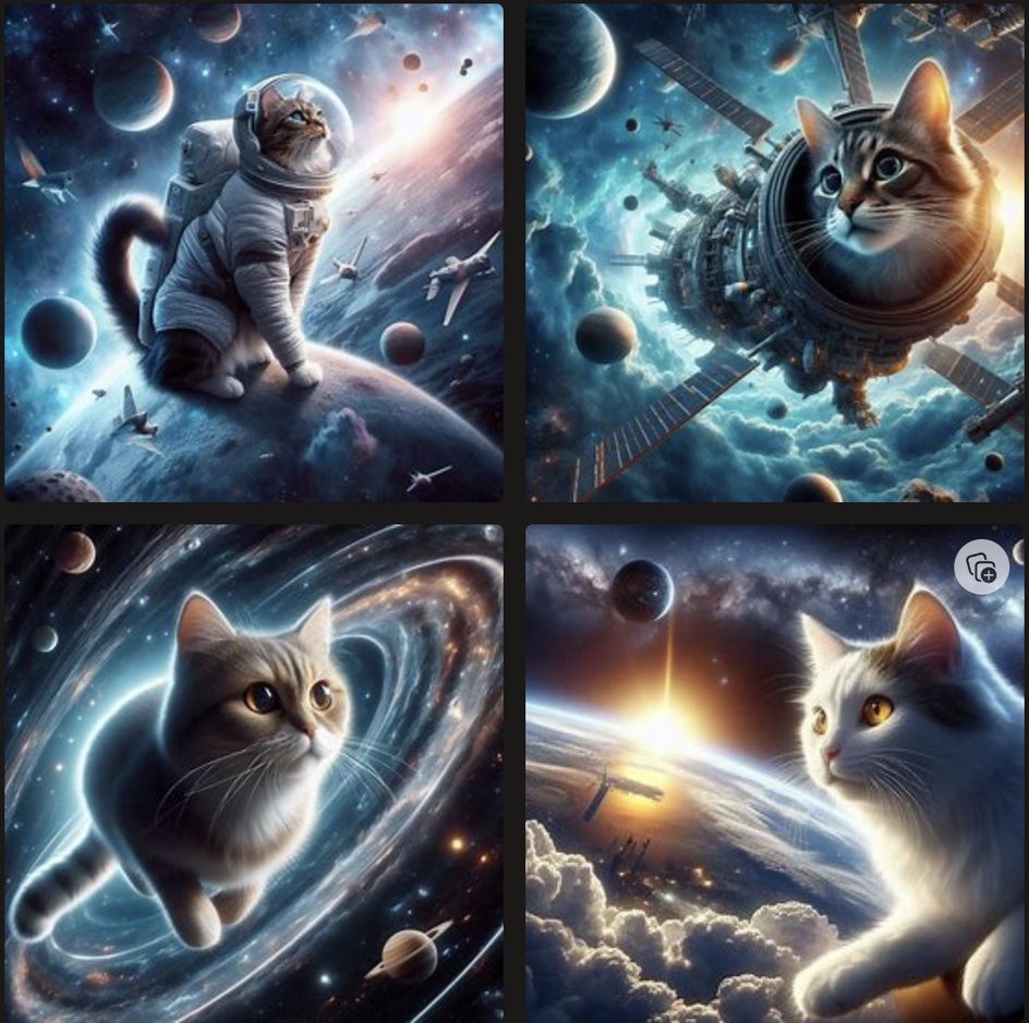 Коты в космосе, сгенерированные Microsoft Designer
