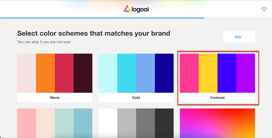 Скриншот LogoAi, где выделена одна из предложенных цветовых гамм Скриншот LogoAi, где выделена одна из предложенных цветовых гамм