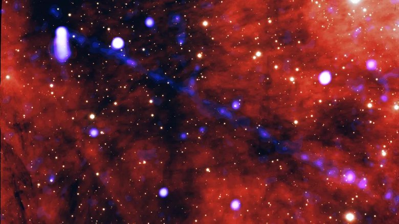 Нить материи и антиматерии выходит из пульсара. Фото: NASA/CXC/Stanford Univ./M. de Vries; Optical: NSF/AURA/Gemini Consortium 