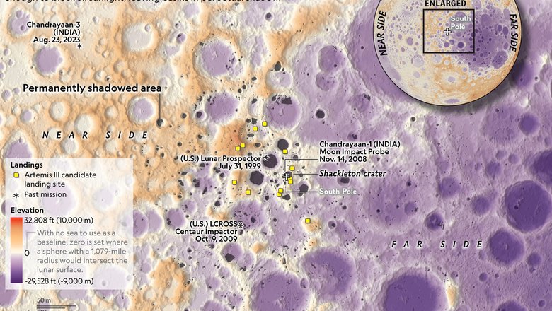 Карта района южного полюса Луны возле кратера Шеклтон, включая потенциальные места посадки экспедиции «Артемида III» (желтый)