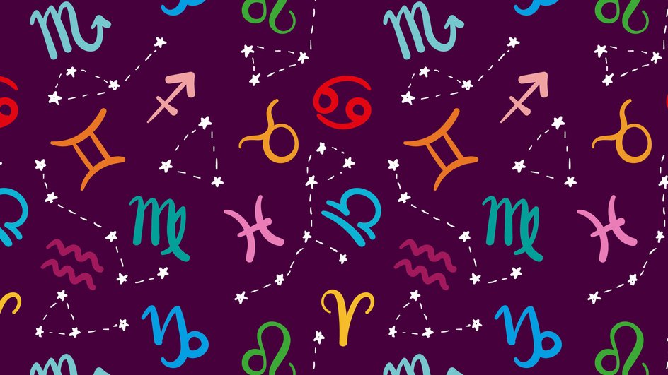 Цветные эмблемы знаков зодиака на фиолетовом фоне 